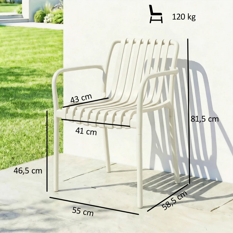 Outsunny Juego de 4 sillas de jardín apilables para terraza con diseño de lamas y reposabrazos, ergonómicas, Blanco crema