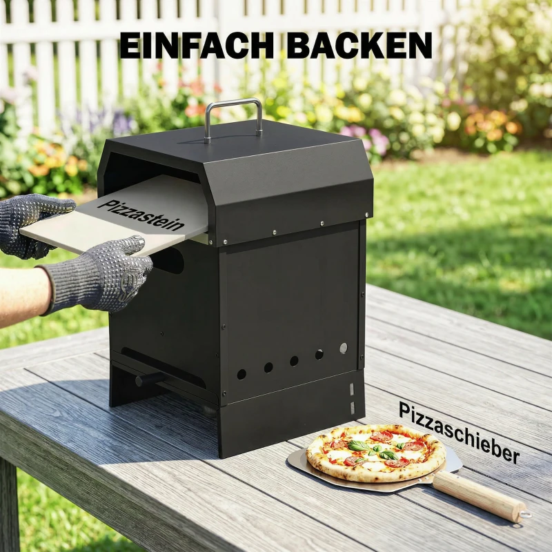 Outsunny 3-in-1 Outdoor Pizzaofen Holzbefeuert Pizza Ofen 2 Ebene Backofen mit Pizzastein Griffen Pizzaschaufel