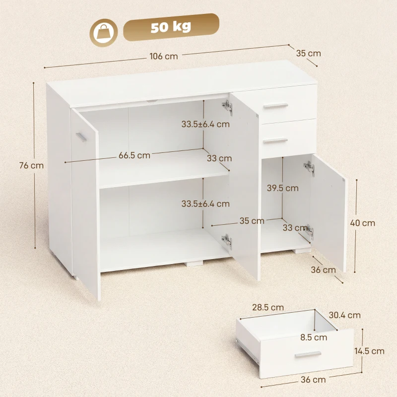 HOMCOM Sideboard, Modern Storage Cabinet with 2 Drawers, 3 Doors and Adjustable Shelves, White