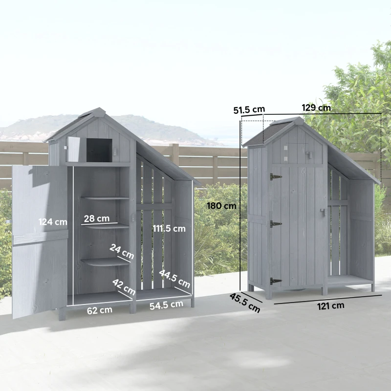 Outsunny Garden Outdoor Storage Shed 3 Shelves Tilt Roof w/ Firewood Rack Log Carrier, 129L x 51.5W x 180H cm
