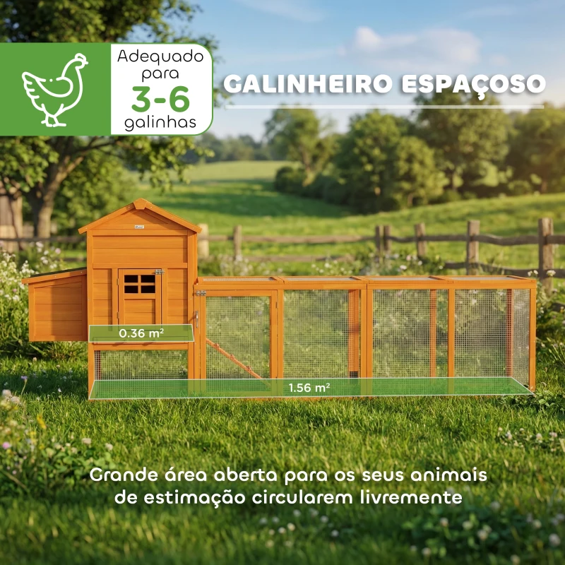 PawHut Galinheiro de Madeira para 3-6 Galinhas com Teto Asfáltico Porta com Trava Bandeja Amovível e Rampa 297,5x68x118cm Madeira