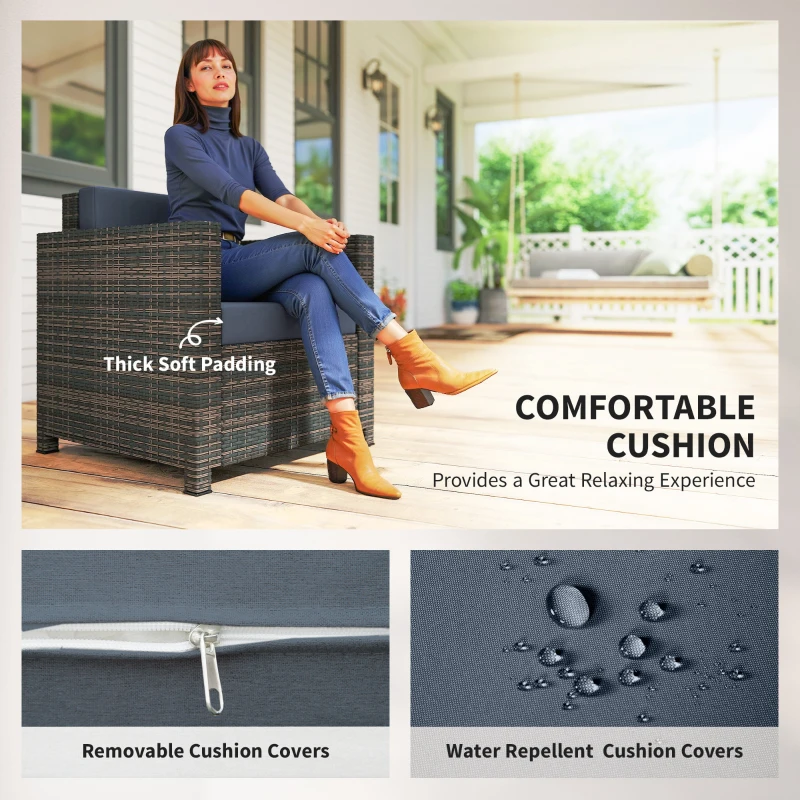 Outsunny PE Rattan Garden Armchair with Cushion - Mixed Brown/Navy Blue