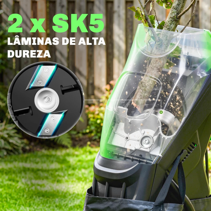 Outsunny Trituradora de Ramos Elétrica 2500 W com 2 Lâminas Reversíveis até Ø44 mm Saco de 45 L e Rodas 44x34x96 cm Verde