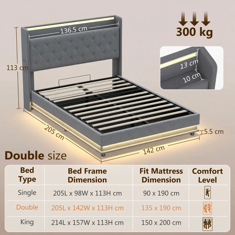 HOMCOM 4ft6 Double Bed Frame with Headboard, Platform Bed Frame with Hydraulic Storage, LED Lights and Charging Station, Grey