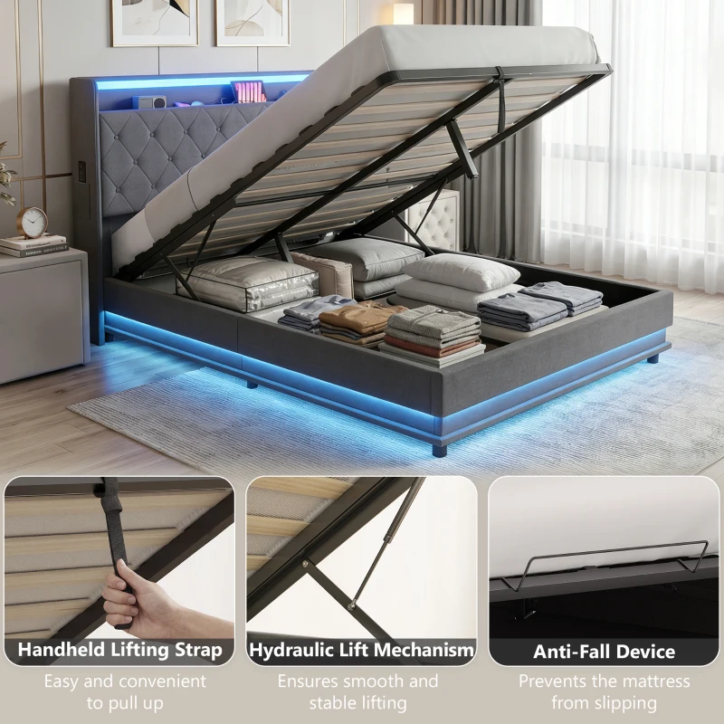 HOMCOM 4ft6 Double Bed Frame with Headboard, Platform Bed Frame with Hydraulic Storage, LED Lights and Charging Station, Grey