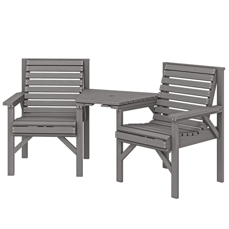 Outsunny Wooden Garden Bistro Set, 2 Seater Wooden Outdoor Table and Chairs with Parasol Hole for Patio, Light Grey