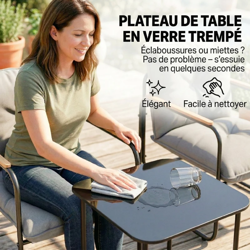 Outsunny Salon de Jardin 3 Pièces, 2 Fauteuils avec Coussins Épais, 1 Table Basse en Verre Trempé, 59x73x72cm, Gris Foncé