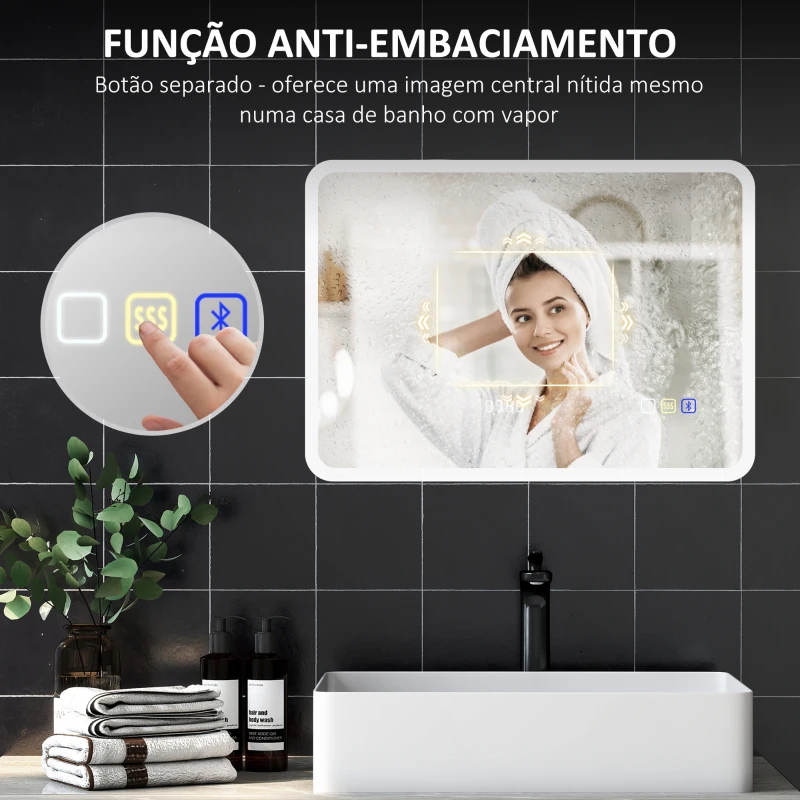 HOMCOM Espelho de Casa de Banho com Luz LED 70x50 cm Bluetooth 3 Cores de Luz Relógio Digital Função Antiembaciamento Função de Memória Prata