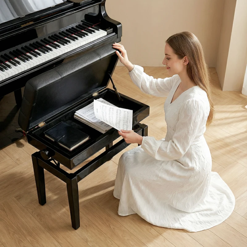 HOMCOM Sgabello per Pianoforte con Altezza Regolabile e Contenitore in Legno e Finta Pelle, 63x35x46-56cm, Nero
