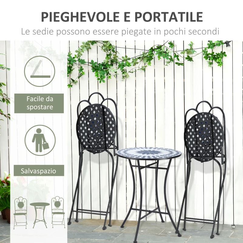 Outsunny Set da Giardino 3 Pezzi con 2 Sedie Pieghevoli e 1 Tavolino Rotondo a Mosaico