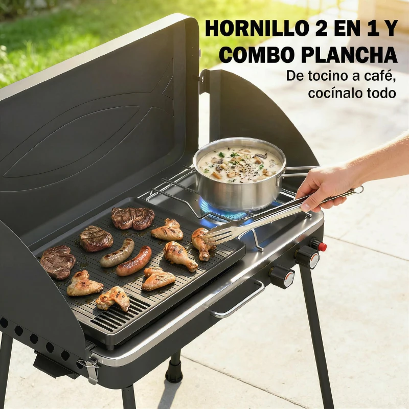 Outsunny Barbacoa de Gas Portátil 2 en 1 Propano 7 kW de Mesa o de Pie con Plancha Grande Patas Desmontables Negro