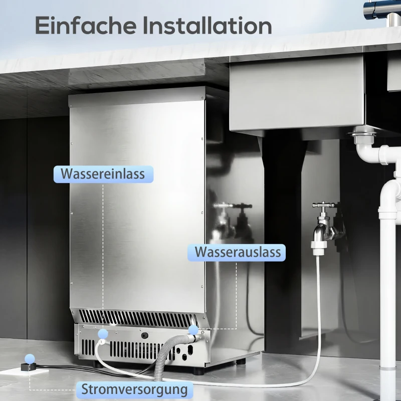 HOMCOM Gewerblicher Eiswürfelbereiter 45 kg/24 Std., Edelstahl, mit 13 kg Speicher, Selbstreinigung, Silber
