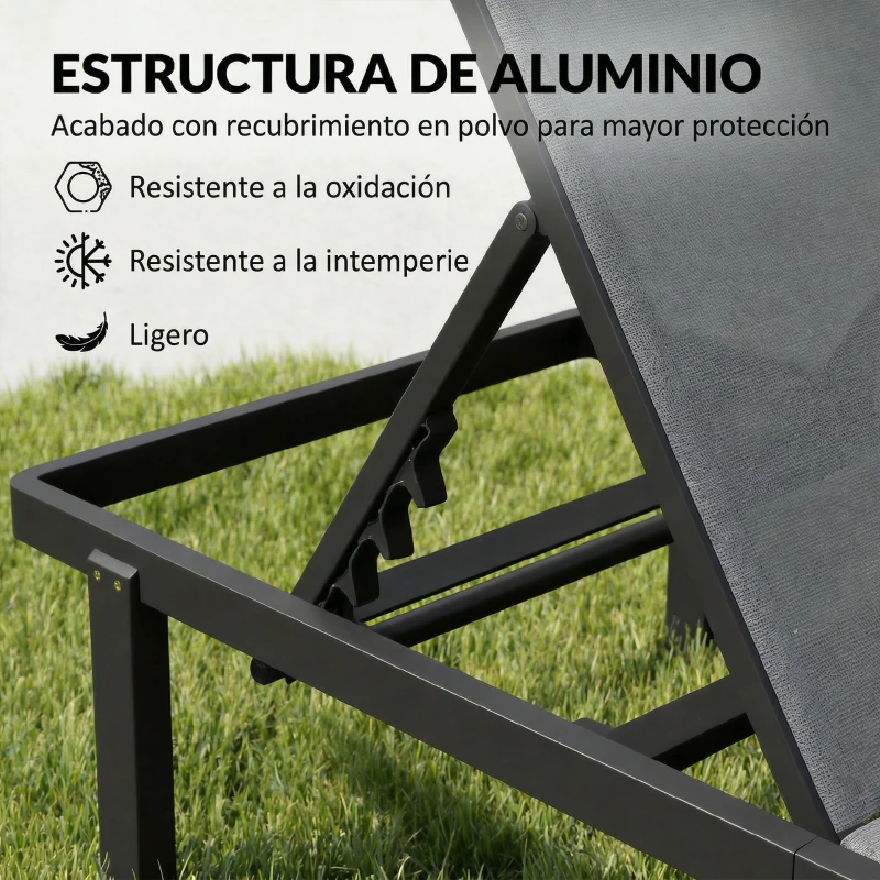 Outsunny Conjunto de 2 Tumbonas Reclinables con Ruedas Respaldo Ajustable 4 Niveles Estructura de Aluminio Tela Textilene Gris