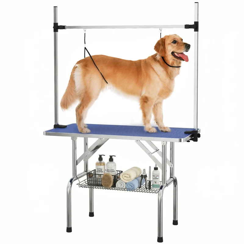 PawHut 42" Dog Grooming Table, Adjustable Pet Cat Drying Beauty Table with 2 Loops Storage Basket, Rubber Top, Blue