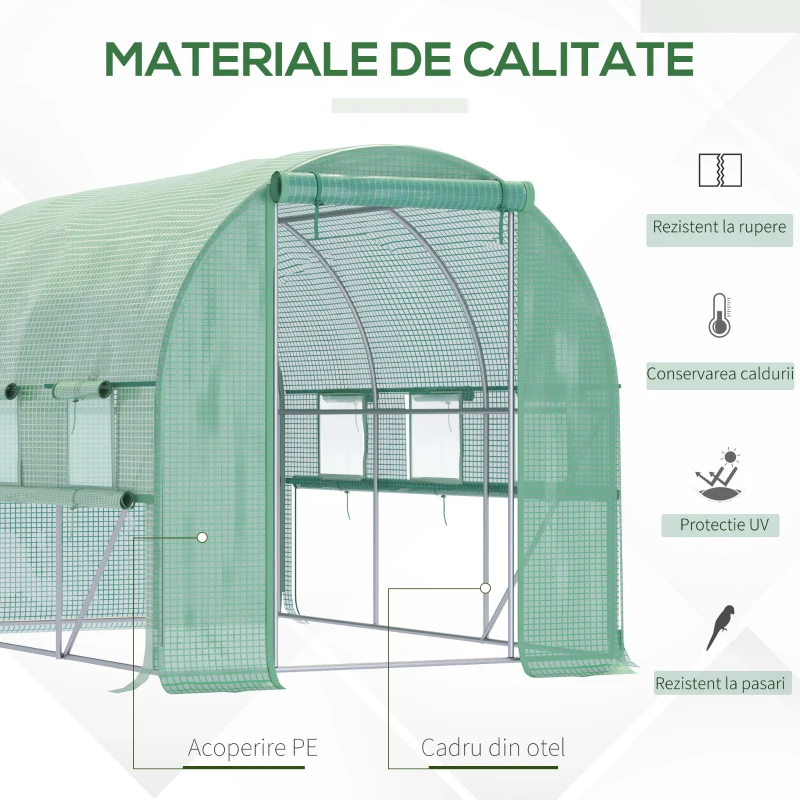 Outsunny Seră pentru grădină 3x2x2m din oțel și acoperire PE, uși cu fermoar și ferestre cu plasă, verde