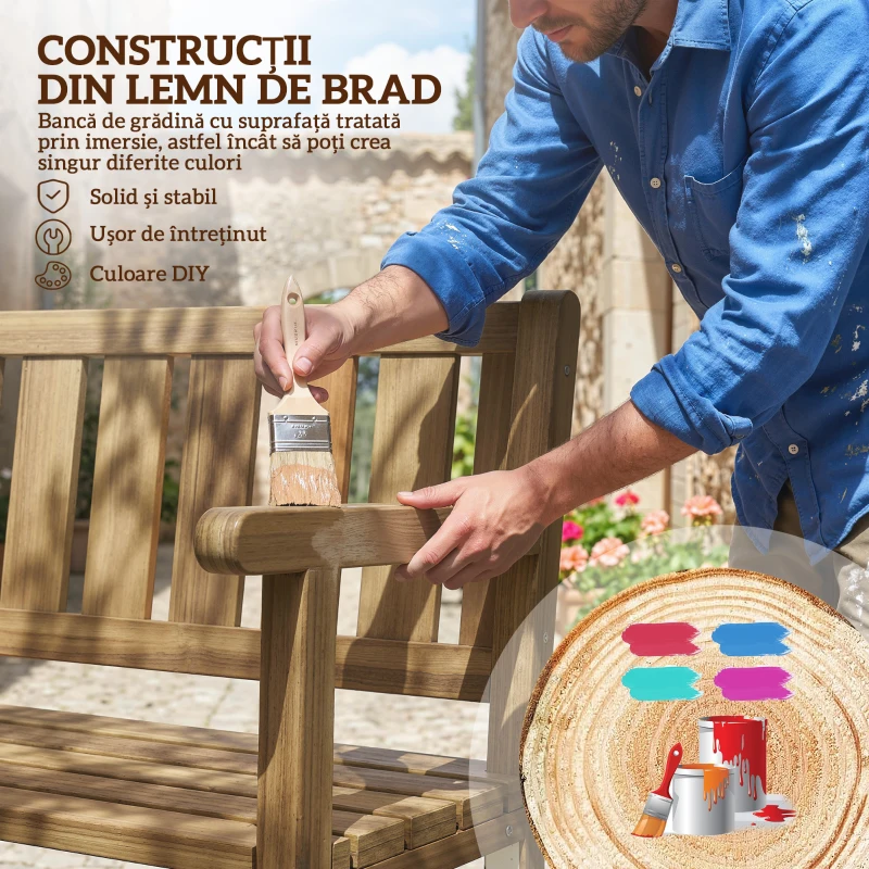 Outsunny Bancă de Grădină pentru 2 Persoane, Bancă de Exterior cu Lamele din Lemn de Molid, Stil Country, Bancă pentru Terasă, Patio și Curte, 150x57x93 cm, Culoare Teak