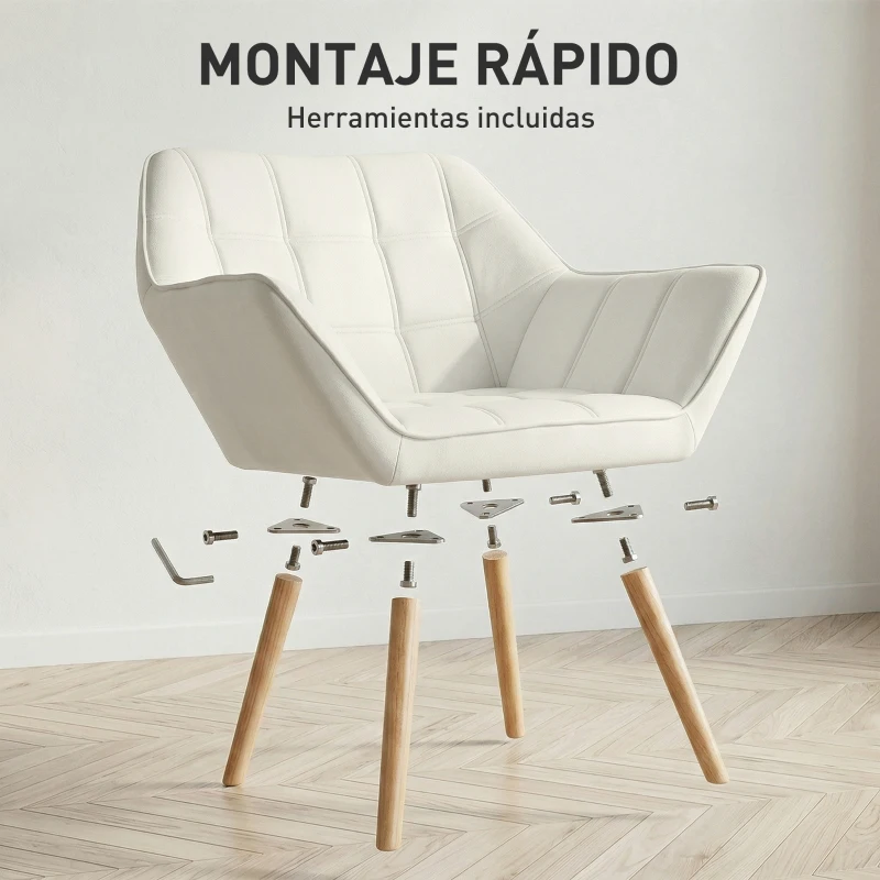 HOMCOM Butaca de Salón Moderna Tapizado en Terciopelo con Patas de Madera Sillón Relax para Sala de Estar Crema