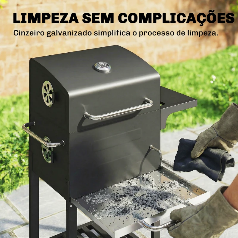 Outsunny Churrasqueira de Carvão Portátil com Grelha em Aço Inoxidável, Prateleira Lateral, Termómetro, Bandeja e Rodas, Preto