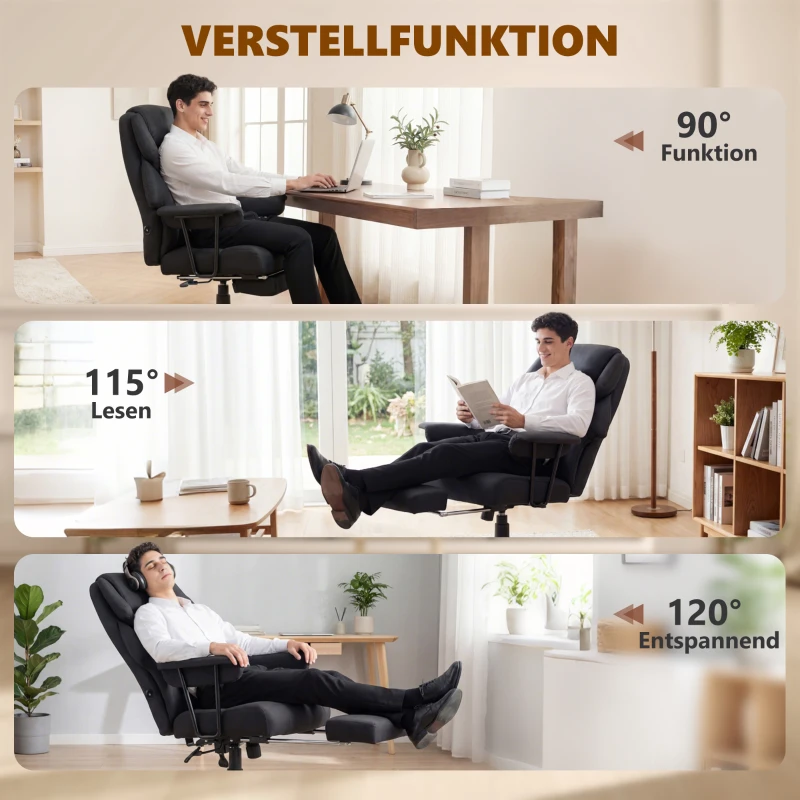HOMCOM 3D Knet-Massage-Bürostuhl mit Fußstütze, verstellbarer Computerstuhl mit hoher Rückenlehne, Leathaire-Polsterung, Schwarz