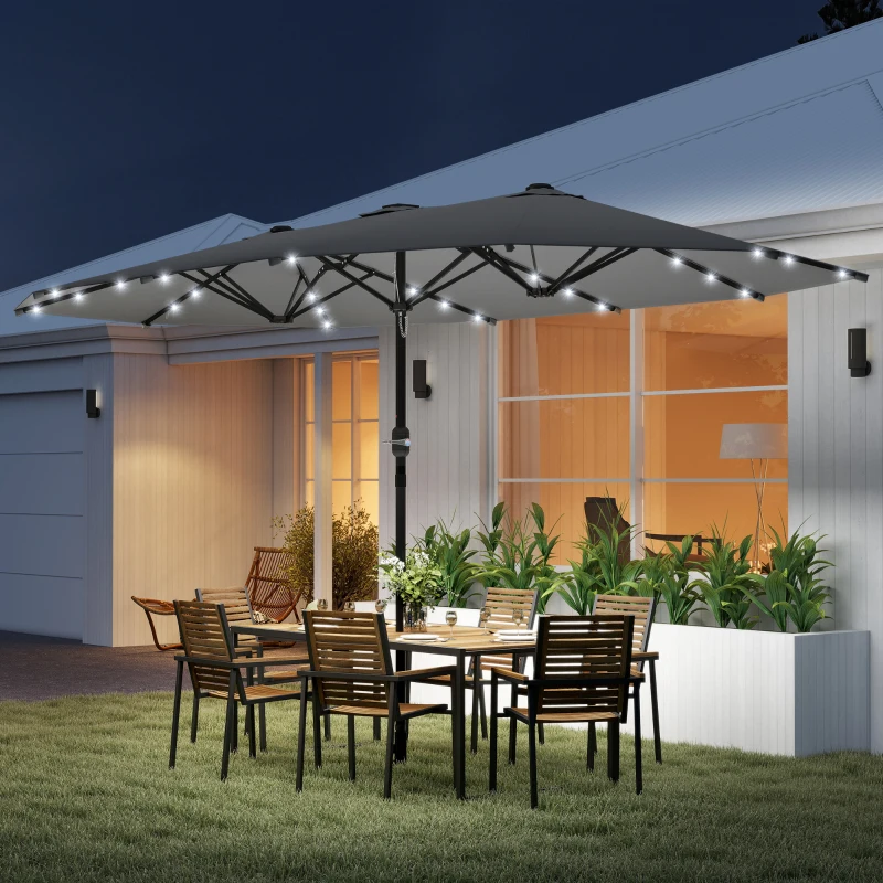 Outsunny 4.4m Double-Sided Sun Umbrella Patio Parasol LED Solar Lights Dark Grey