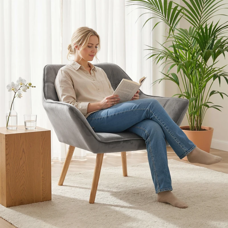 HOMCOM Poltrona de Sala Moderna Estofada em Veludo com Pés de Madeira, Poltrona Relax para Sala de Estar, Cinzento