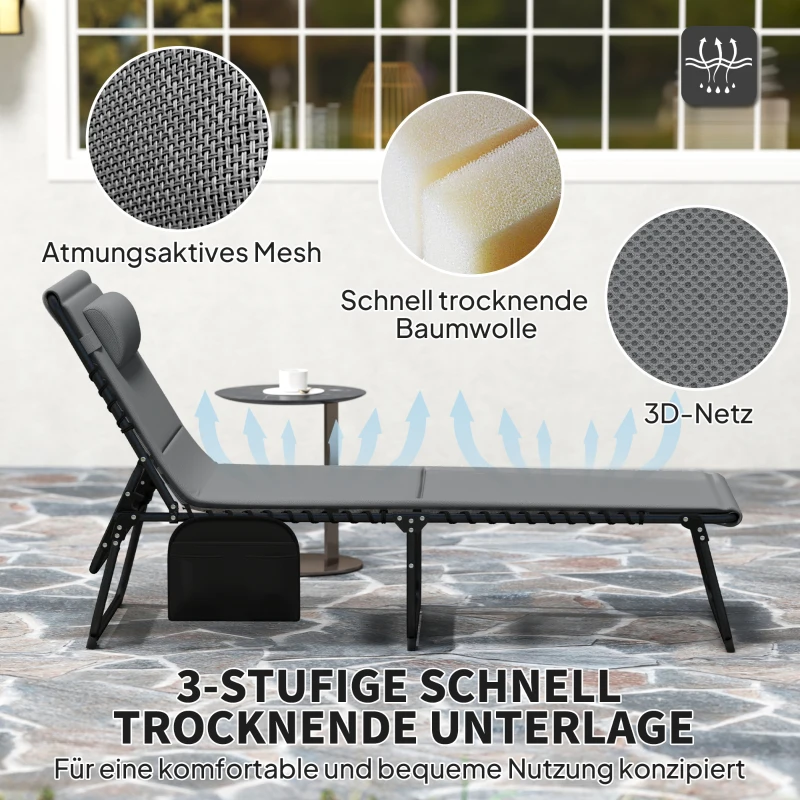Outsunny 2er Set Sonnenliege klappbar Gartenliege mit Kopfkissen 5-Fach höhenverstellbarer Rückenlehne Seitentasche Dunkelgrau
