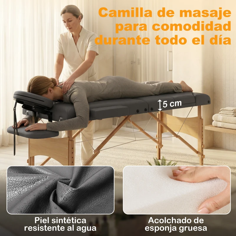 HOMCOM Camilla Masaje Plegable de Madera de 3 Zonas con Altura Respaldo Reposacabezas Ajustables Brazos 215x60x64-89 cm Gris