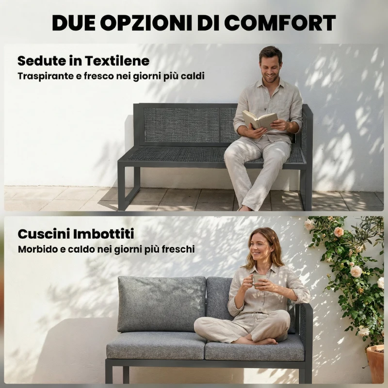 Outsunny Set Divano Angolare da Giardino in Metallo, 3 Poltrone, Tavolino Effetto Legno, Grigio Scuro
