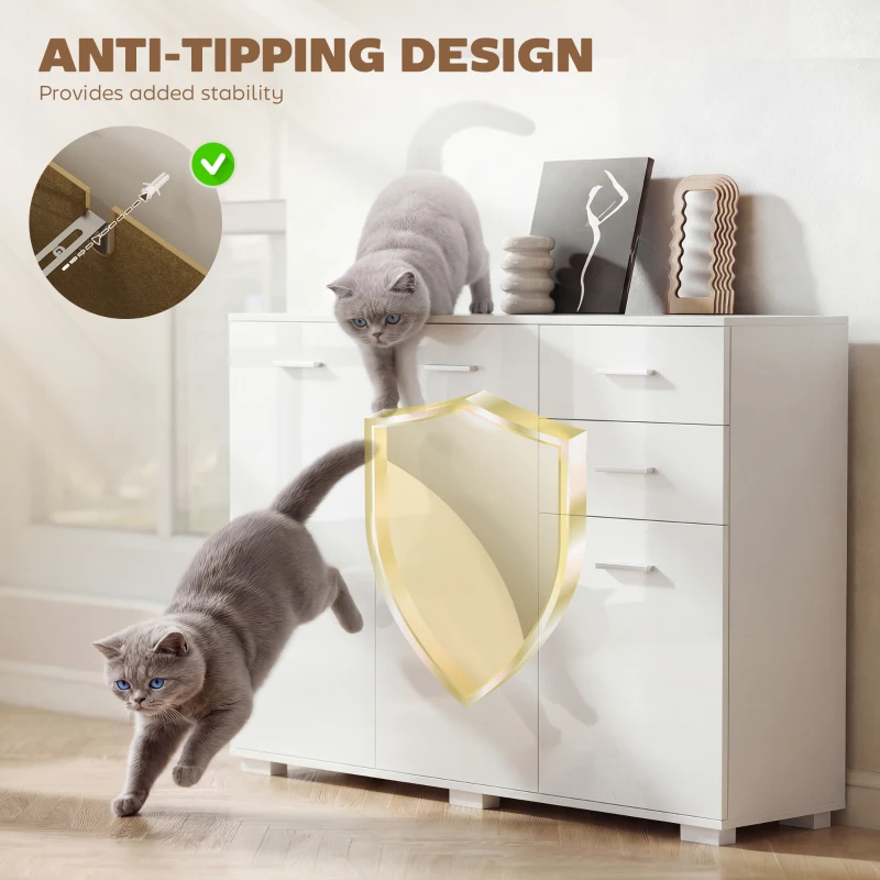 HOMCOM Sideboard, Modern Storage Cabinet with 2 Drawers, 3 Doors and Adjustable Shelves, High Gloss White