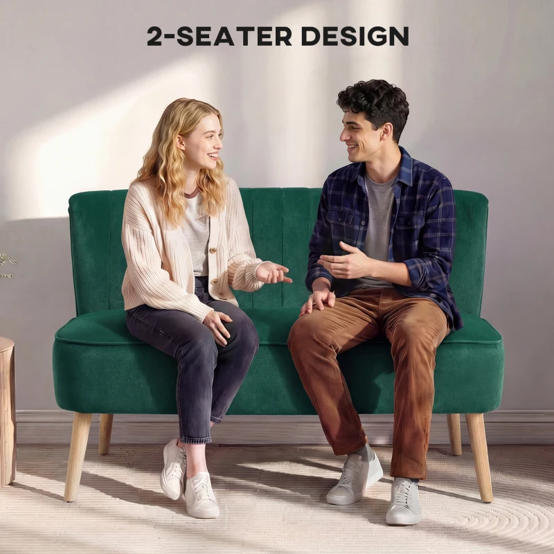 HOMCOM 117cm Loveseat Sofa Upholstered Small 2 Seater Sofa  with Thick Padded Seat and Rubber Wood Legs, Dark Green
