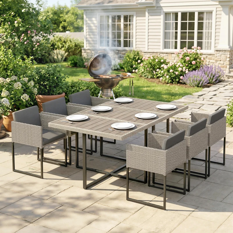 Outsunny 7 Piece Rattan Garden Furniture Set, Garden Dining Set with Wood-Plastic Table and 6 Stackable Chairs, Light Grey