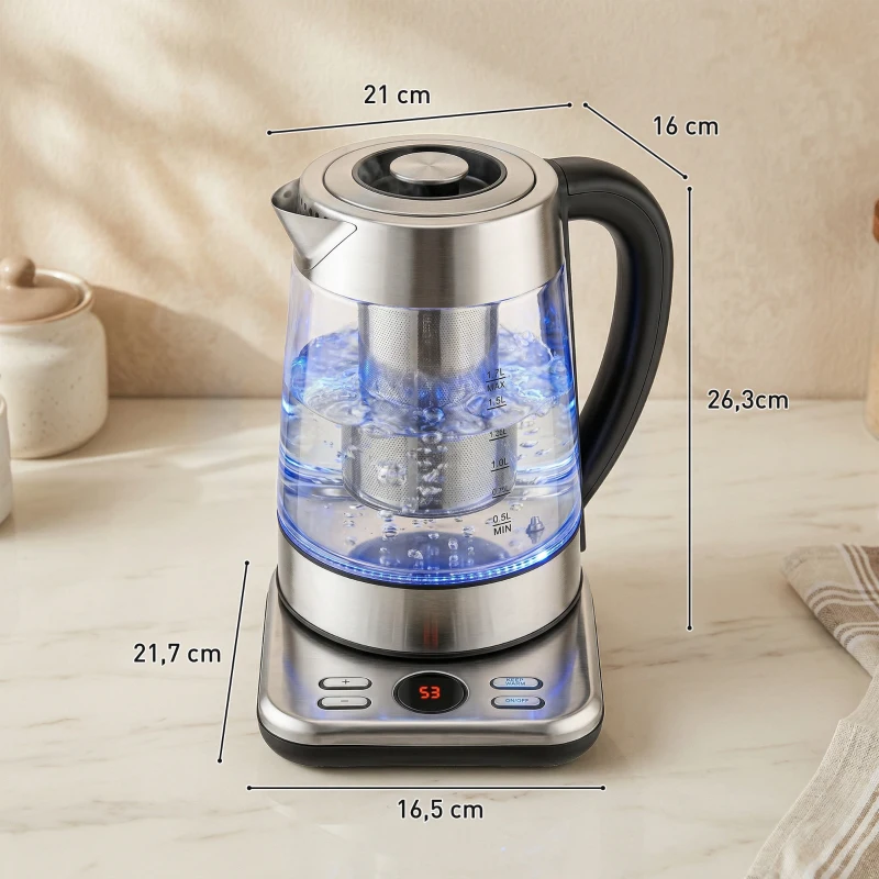 HOMCOM Elektrische Waterkoker, 1,7L Snelkoker met 2200W Vermogen, UK Strix Thermostaat, Theefilter, Warmhoudfunctie