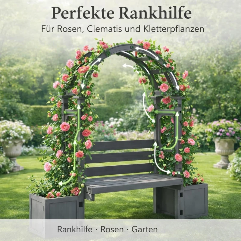 Pergola-Bank mit Pflanzkästen und geschwungenem Rankgitter, dreifach-Funktion: Sitzbank, Pflanzkübel und Rankhilfe, 160 x 30,5 x 160 cm, Grau