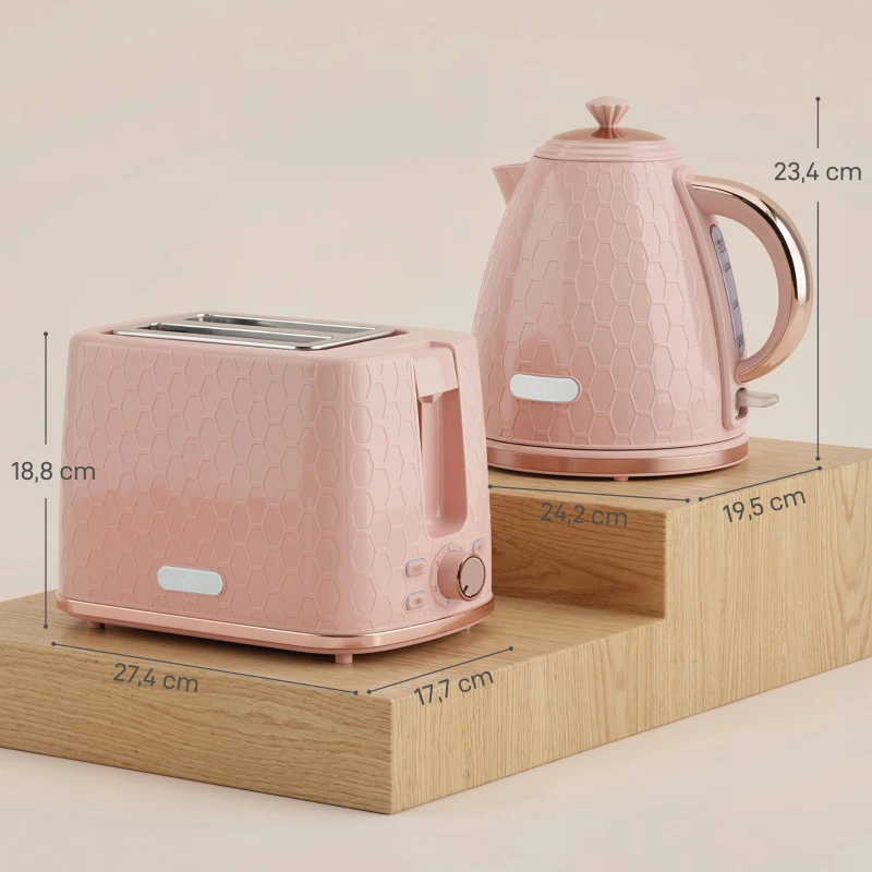 HOMCOM Wasserkocher- und Toaster-Set, 1,7L 2200W Schnellkoch-Wasserkocher mit automatischer Abschaltung und 2-Scheiben-Toaster mit Krümelschublade, Rosa