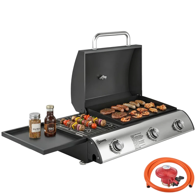 Outsunny 3 Burner Portable Gas Plancha BBQ Grill, 7.5 kW Outdoor Tabletop Gas Barbecue Grill with Griddle, Thermometer,, Black
