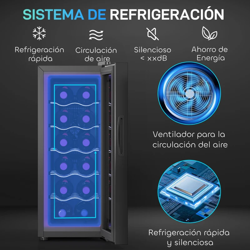 HOMCOM Vinoteca 12 Botellas con Doble Refrigeración Termoeléctrica Temperatura Ajustable 8-18℃ Puerta de Vidrio Negro