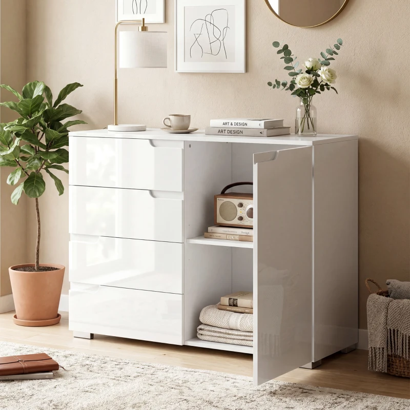 HOMCOM Aparador alto brilho, buffets moderno com 4 gavetas, armário de cozinha com fecho suave, branco