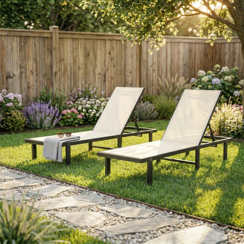 Outsunny Conjunto de 2 Tumbonas Reclinables con Ruedas Respaldo Ajustable 4 Niveles Estructura de Aluminio Tela Textilene Beige