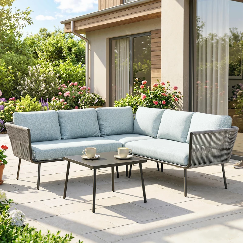 Outsunny Conjunto de Muebles de Ratán de Exterior Sofá de Esquina con Cojines y Mesa de Centro para Terraza Patio Azul Claro