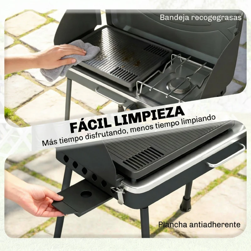 Outsunny Barbacoa de Gas Portátil 2 en 1 Propano 7 kW de Mesa o de Pie con Plancha Grande Patas Desmontables Negro