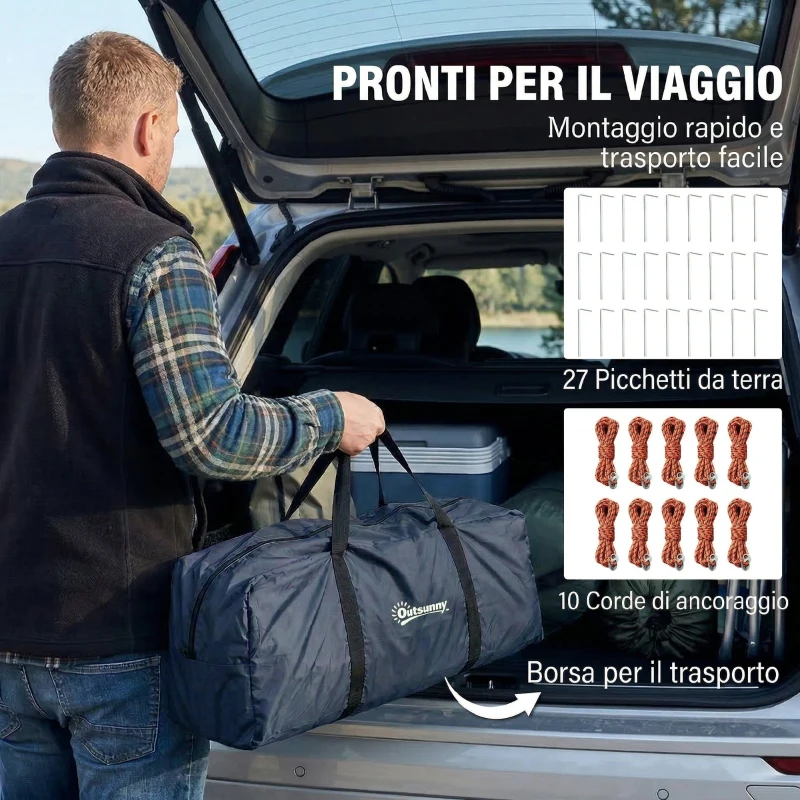 Outsunny Tenda Campeggio a Tunnel per 2-4 Persone Alta 210cm con 2 Stanze, Impermeabile 3000mm, 540x320x210 cm, Blu navy