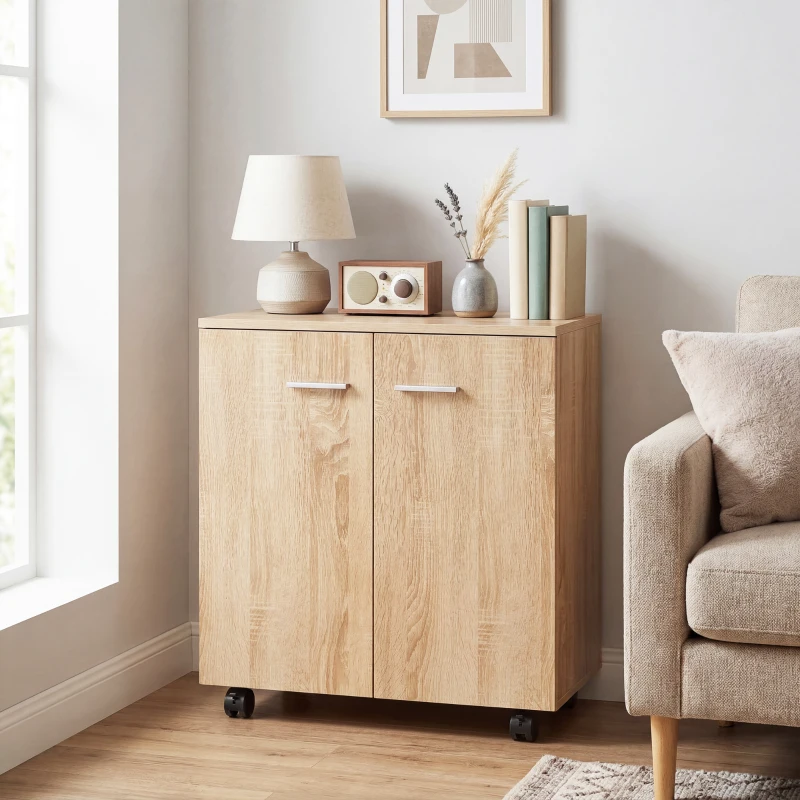 HOMCOM Meuble de Rangement Buffet bas sur roulettes avec 2 Portes étagère Interne 60 x 35 x 65 cm bois naturel