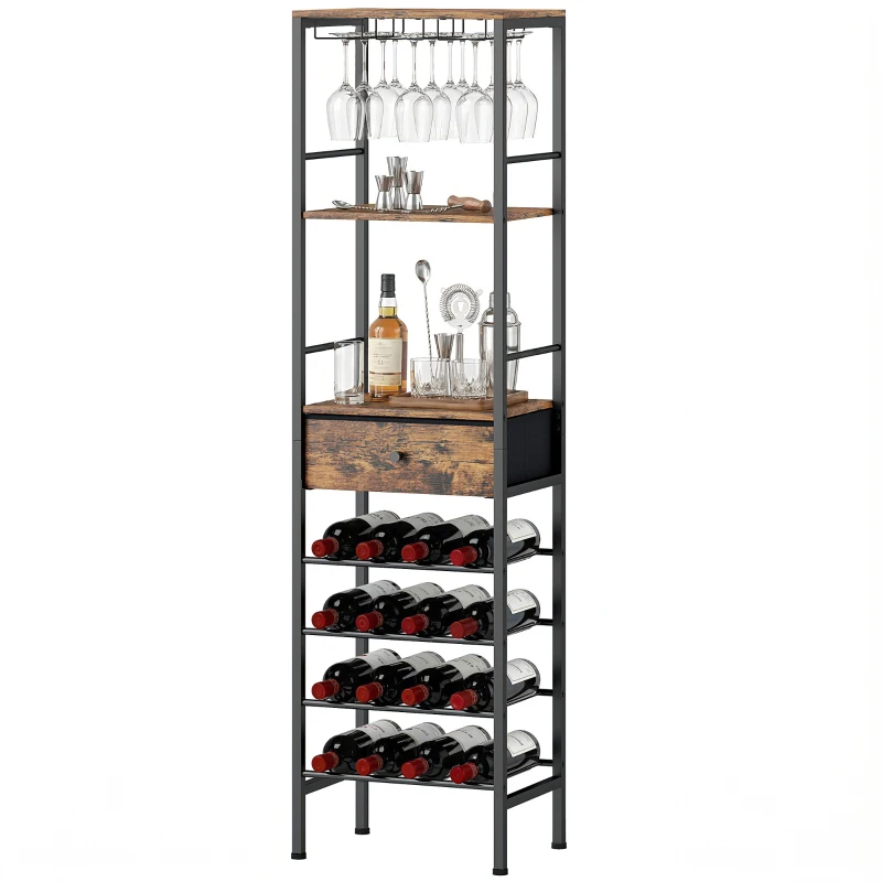 HOMCOM Industrial Wine Bar Cabinet Freestanding Liquor Cabinet 16-Bottle Wine Rack Glass Holder Rustic Brown