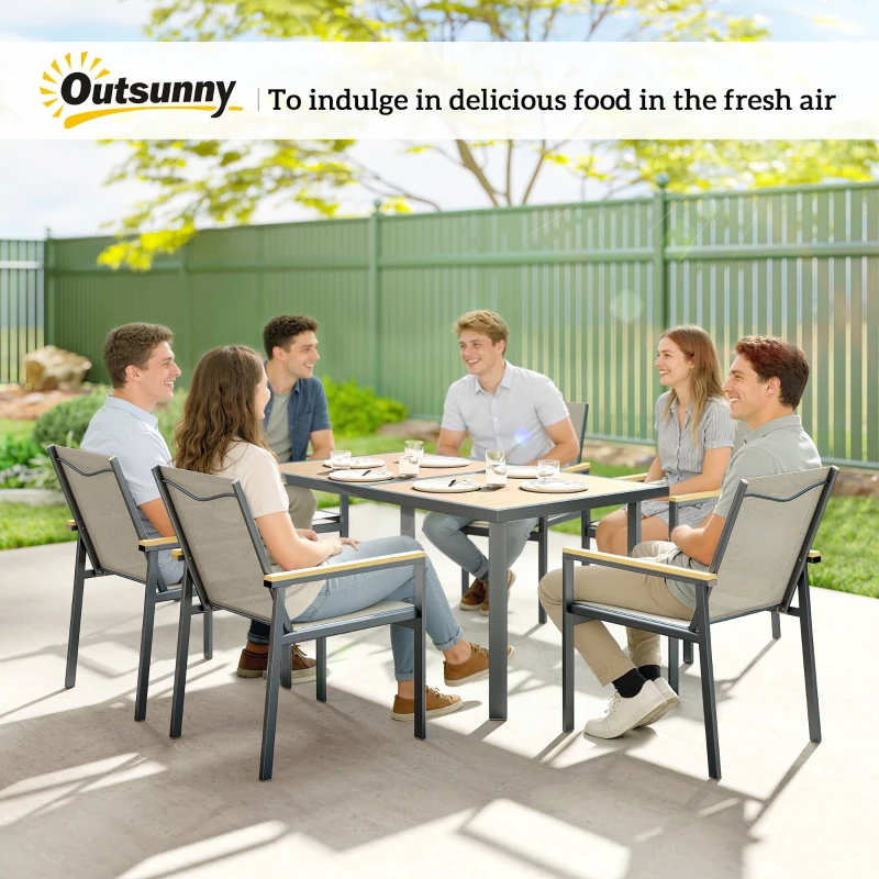 Outsunny Seven-Piece Metal Garden Dining Set, with Glass-Top Table - Khaki