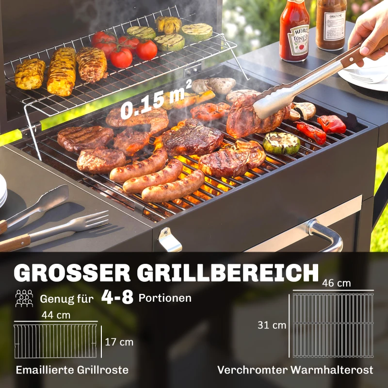 Outsunny Holzkohlegrill mit Deckel, BBQ Smoker Grill mit 2 Seitentischen Große Grillfläche Grillrost Thermometer Räder