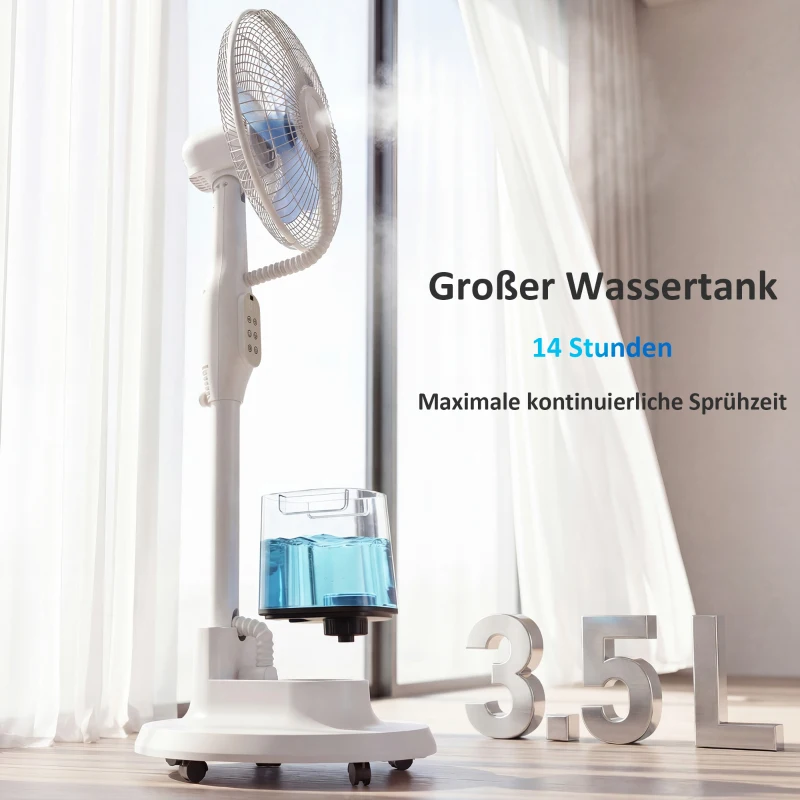 HOMCOM Stehventilator mit Sprühnebel, 70° Oszillation, 3 Geschwindigkeiten, 3 Modi, 3,5L Wassertank, Weiß