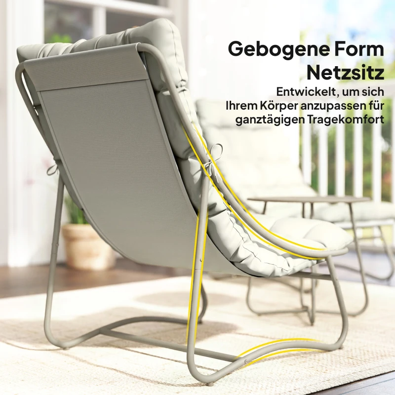 Outsunny Balkonmöbel Set 3 teilig Gartenmöbel Set mit Tisch Kissen Stahlgestell verstellbar Fußpads, Atmungsaktiv Hellgrau