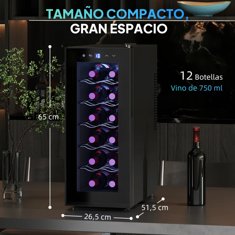 HOMCOM Vinoteca 12 Botellas con Doble Refrigeración Termoeléctrica Temperatura Ajustable 8-18℃ Puerta de Vidrio Negro