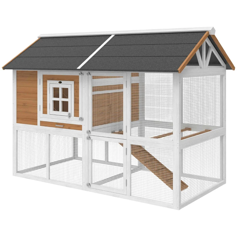 PawHut Hühnerstall Hühnerhaus mit Auslauf Nistkasten herausziehbarem Tablett Asphaltdach für 4 Hühner 200x104x145cm Holz Braun