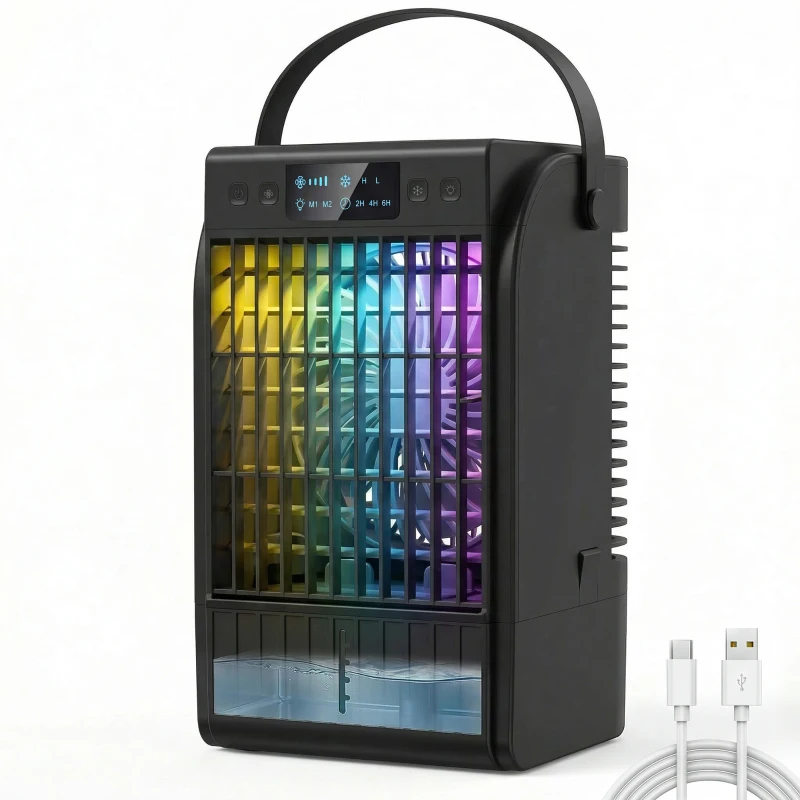 HOMCOM Portable Air Conditioner, 4-in-1 Mini Air Cooler with 4 Wind Speed, 2 Cool Mist, RGB 7 LED Light, Black